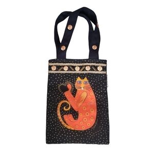 Laurel Burch Cotton Canvas Tote Bag Whimsical Cat Print Black Orange